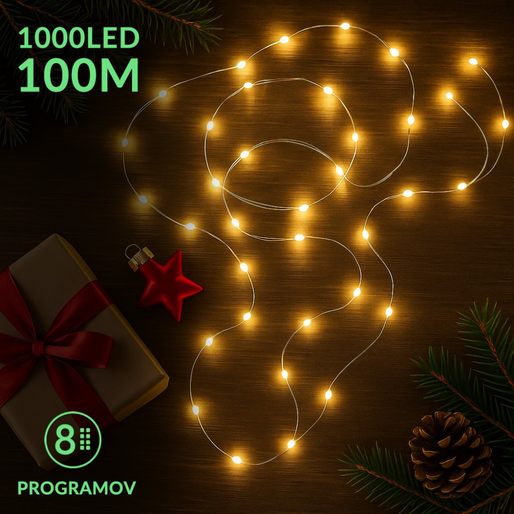 Vianočná led svetelná mikro reťaz vonkajšia + programator - 1000led - 100m teplá biela