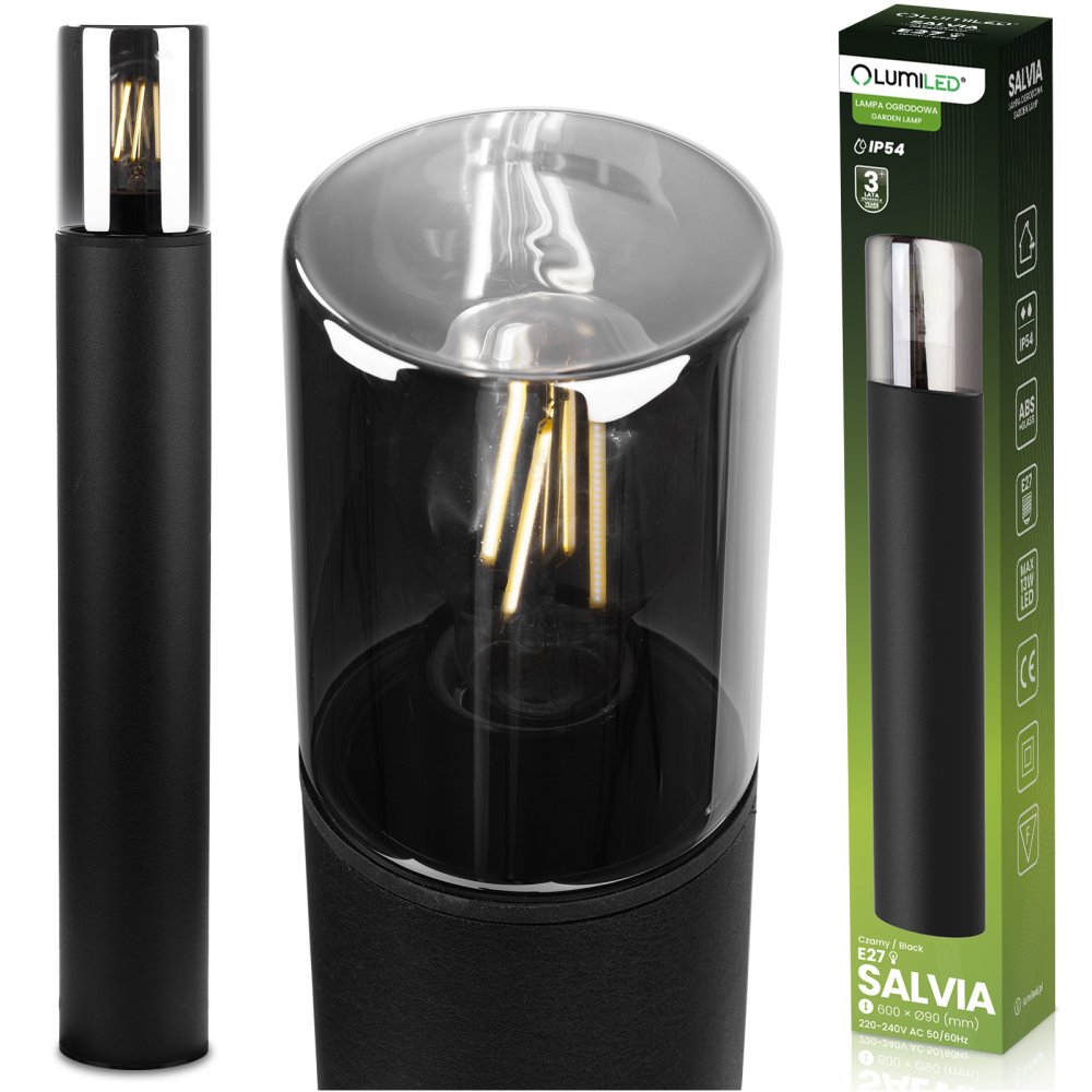 Záhradný stĺpik vonkajší na žiarovku E27 čierny sklo IP54 60 cm SALVIA LUMILED