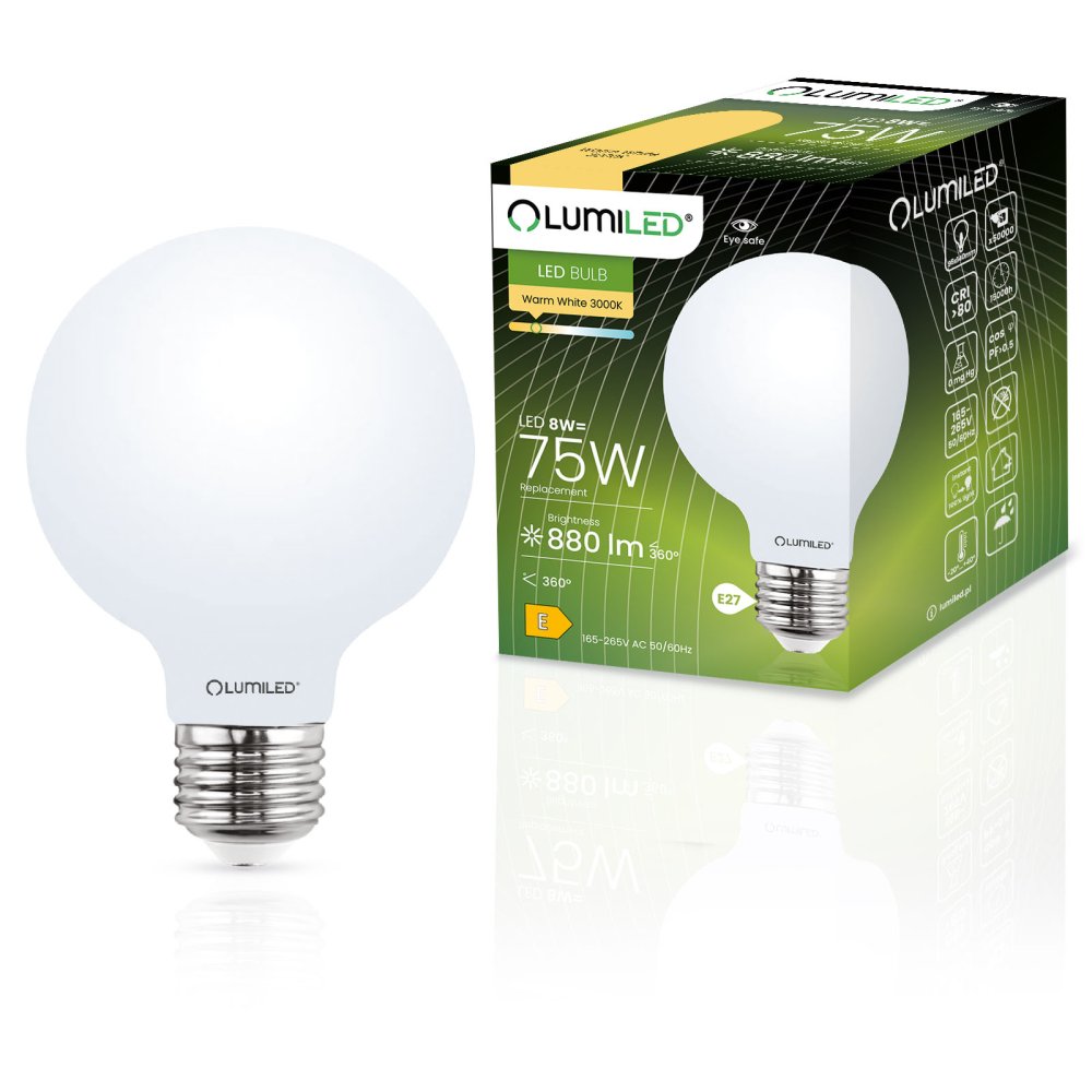 E-shop LED žiarovka E27 guľa G95 8W = 75W 880lm 3000K teplá 360° FILAMENT LUMILED
