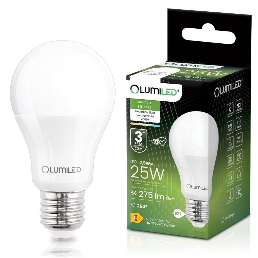 E-shop LED žiarovka E27 A60 2, 5W = 25W 275lm 4000K neutrálna 260° LUMILED