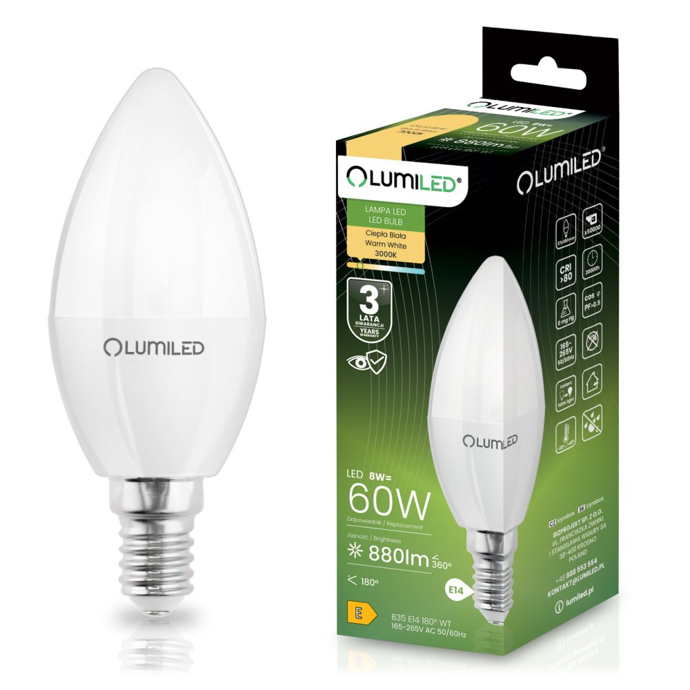 E-shop LED žiarovka E14 sviečka B35 8W = 60W 880lm 3000K teplá 180° LUMILED