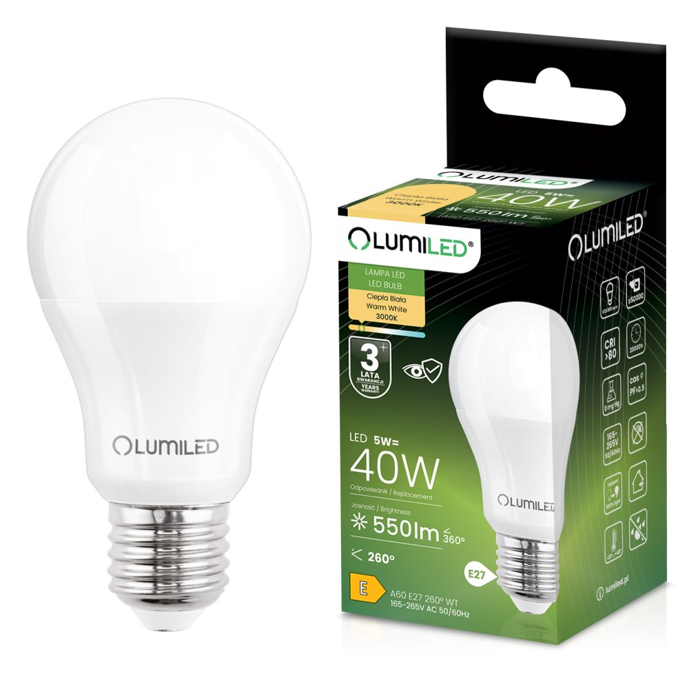 E-shop LED žiarovka E27 A60 5W = 40W 550lm 3000K teplá 260° LUMILED