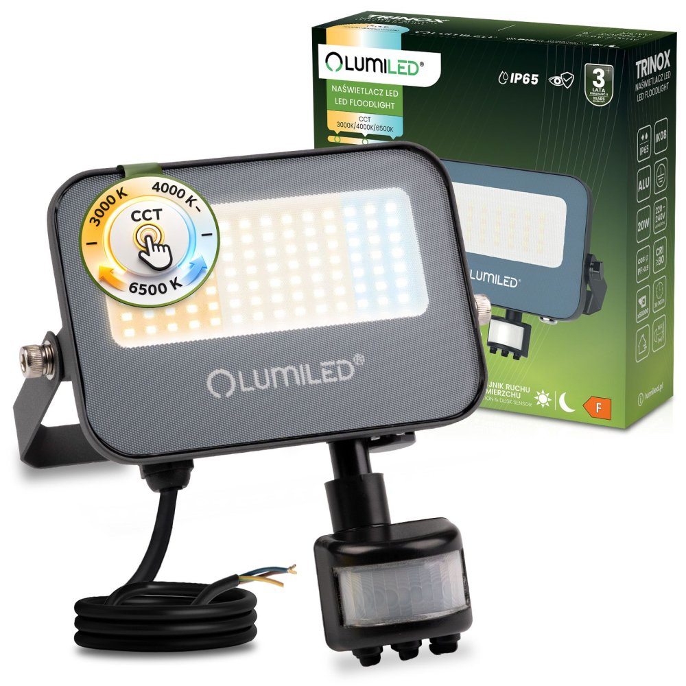 E-shop LED reflektor TRINOX 20W 2000lm CCT IP65 sivý so senzorom pohybu a súmraku LUMILED