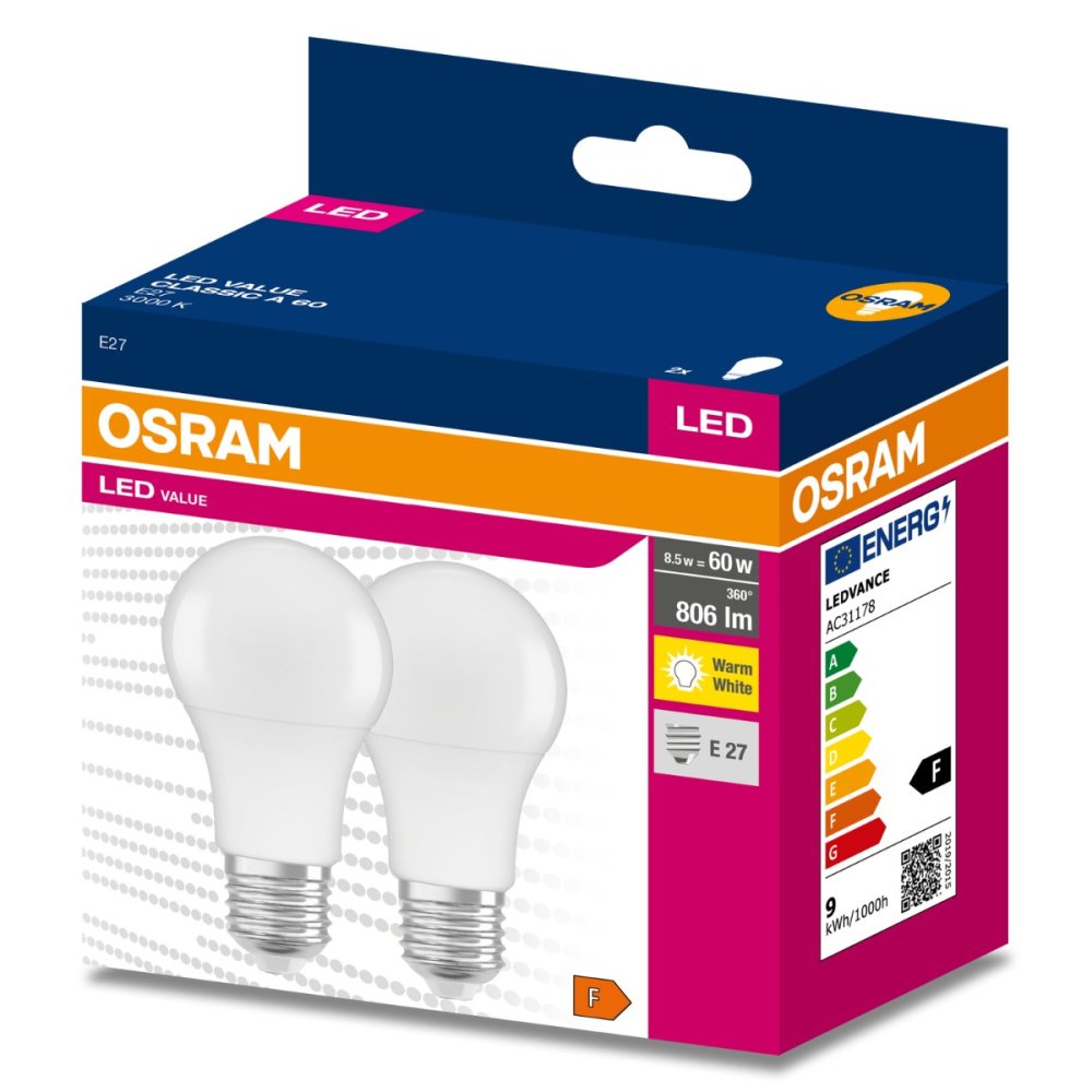 2PAK LED žiarovka E27 A60 8,5W = 60W 806lm 3000K Warm 200° OSRAM VALUE