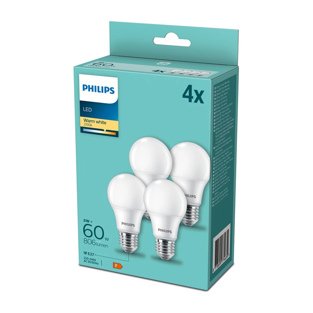 4PAK LED žiarovka E27 A60 8W = 60W 806lm 2700K Warm PHILIPS