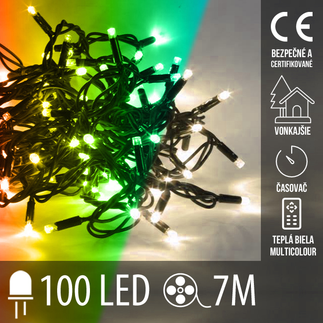 Vianočná led svetelná reťaz vonkajšia s časovačom + 2 farebné variácie - 100led - 7m teplá biela/multicolour