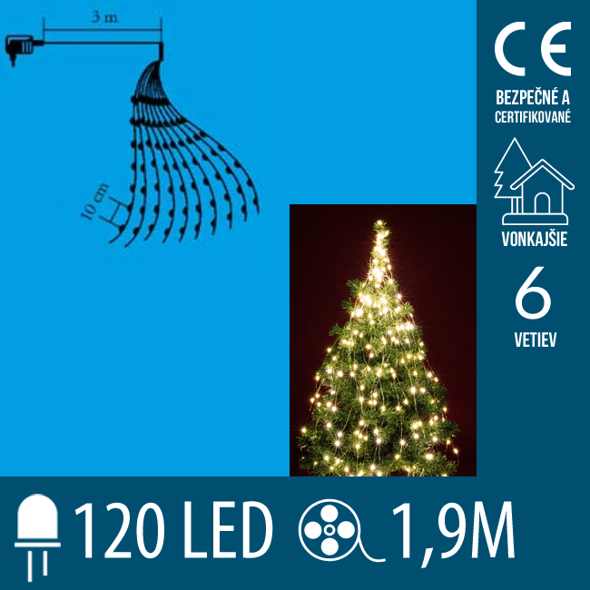 Vianočný led zväzok svietiacich reťazcov - 6 reťazcov po 20ks led - 1,9m - teplá biela