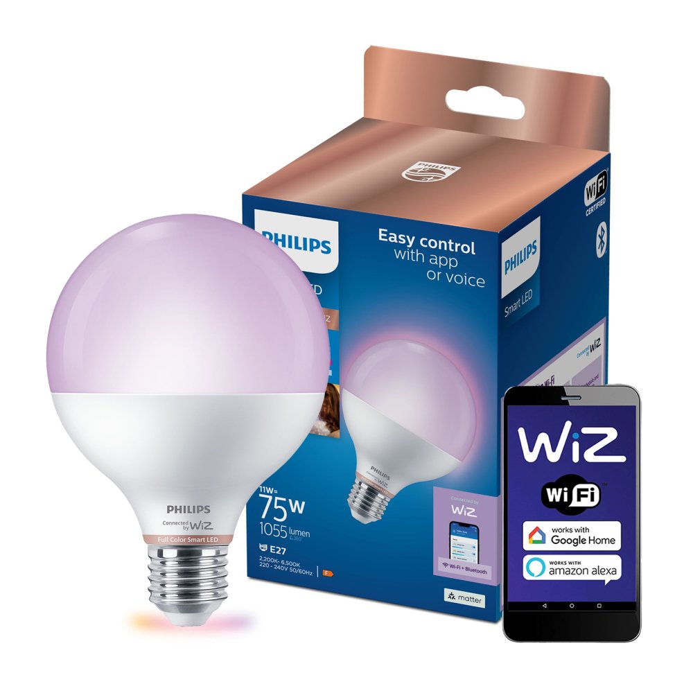 LED žiarovka E27 Sphere G95 11W = 75W 1055lm 2200-6500K RGB + TW Smart SMART WiFi Bluetooth App WiZ Philips