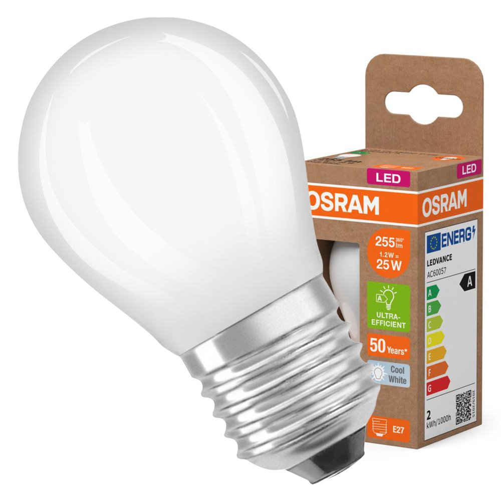 LED žiarovka P45 Ball E27 1,2W = 25W 255lm 4000K Neutral 330° 213lm/W CLASSIC ENERGETICKÁ ÚSPORNOSŤ Osram