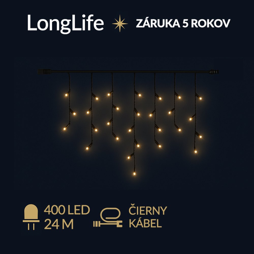 LongLife led svetelná záclona vonkajšia - 400led - 24m teplá biela - čierny kábel