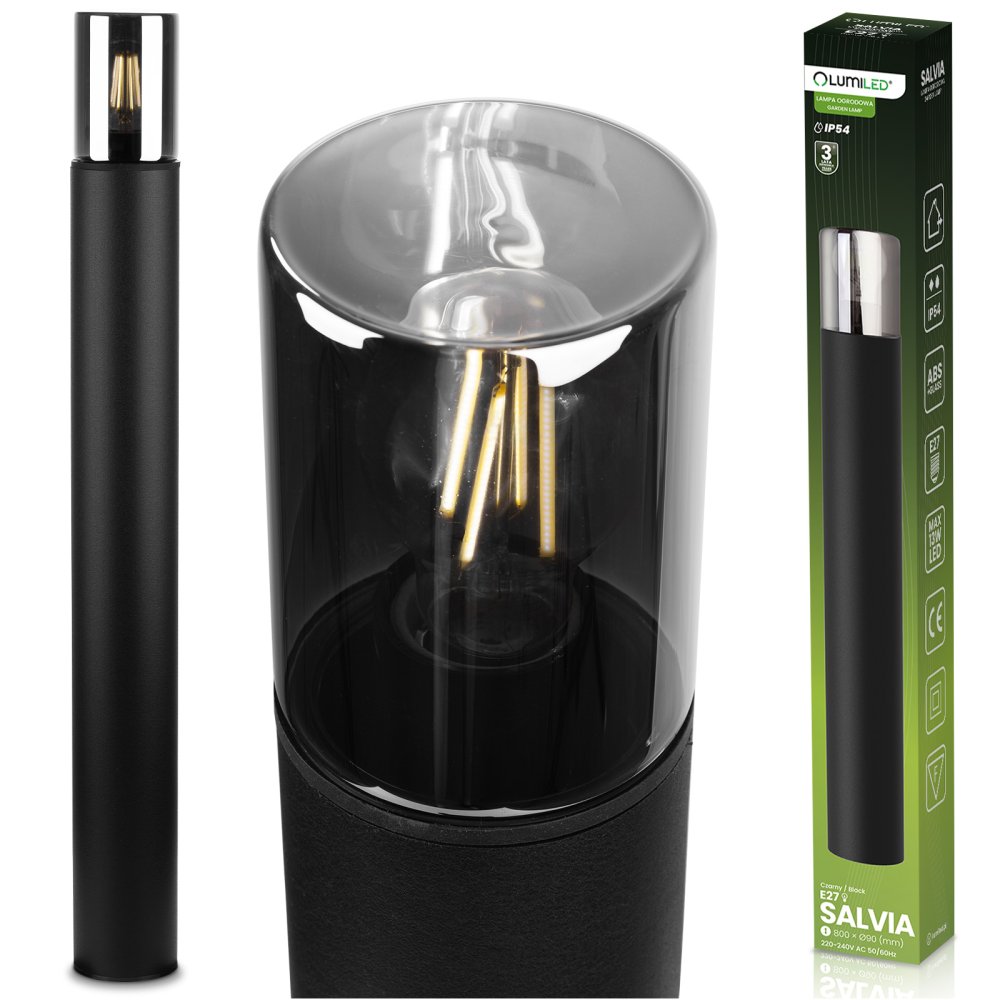 Záhradná stojaca vonkajšia lampa stĺpik na žiarovku E27 čierna sklo IP54 80 cm SALVIA LUMILED