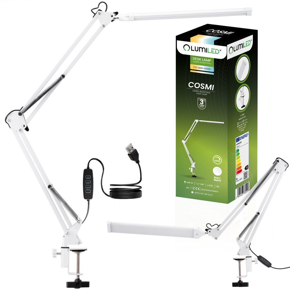 E-shop Stolová kresliarska LED 8W CCT USB stmievateľná COSMI biela s držiakom Lumiled