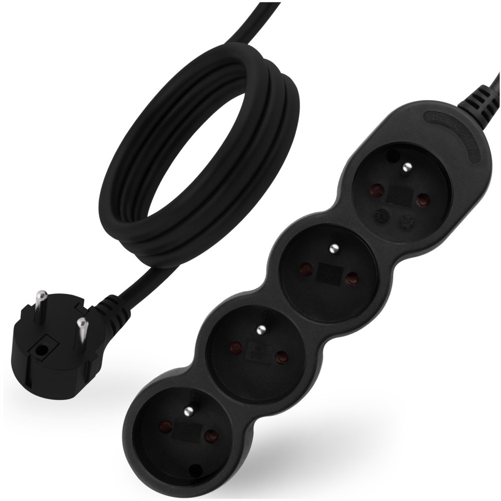 E-shop Sieťový predlžovací kábel s uzemnením napájacia lišta 4 zásuvky 3m čierny šnúra Lendo Lumiled