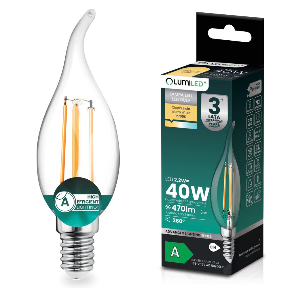 E-shop LED žiarovka E14 sviečka BA35 2, 2W 470lm = 40W 2700K teplá 360° filament KLASA A LUMILED