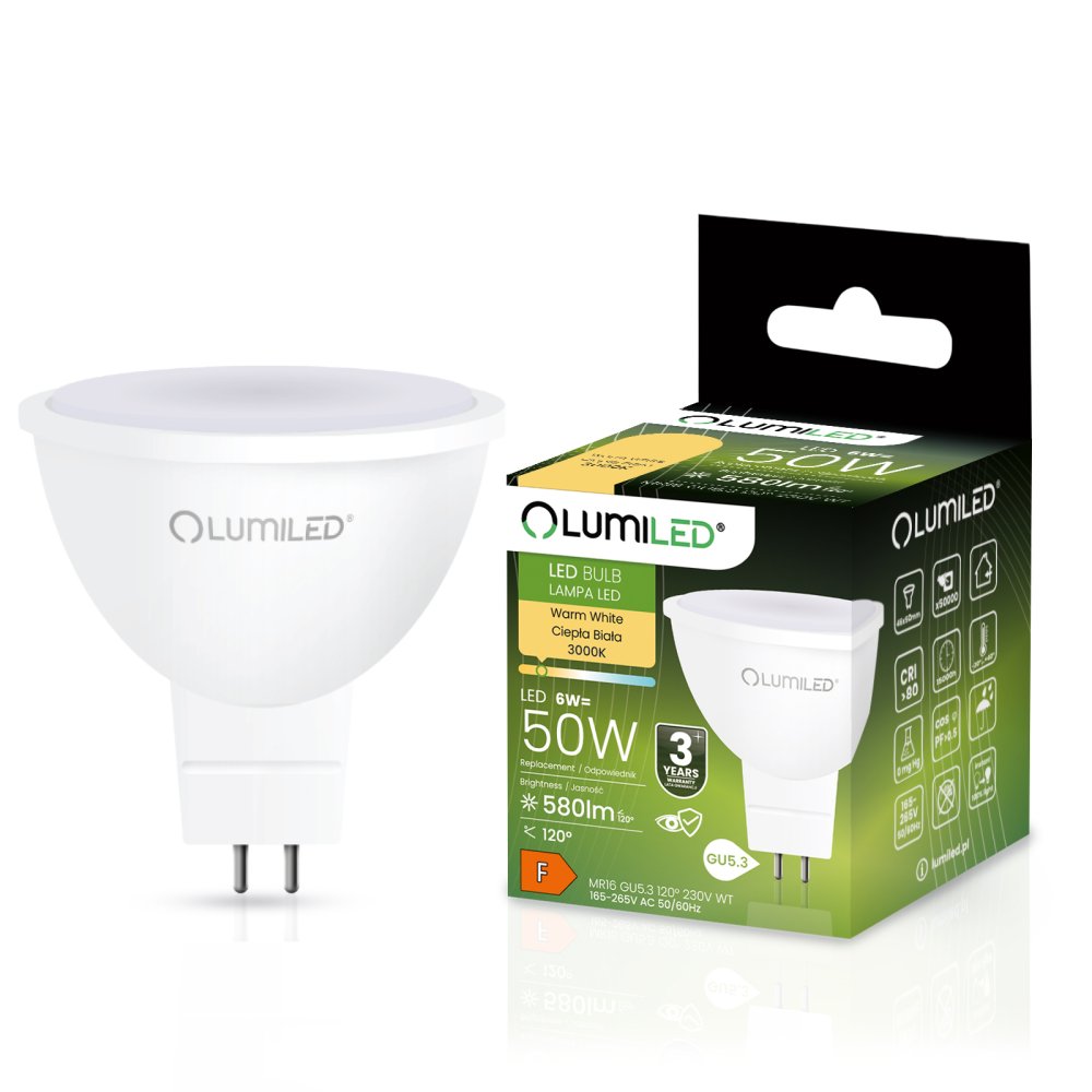 E-shop LED žiarovka GU5.3 MR16 6W = 50W 580lm 3000K Warm 120° LUMILED