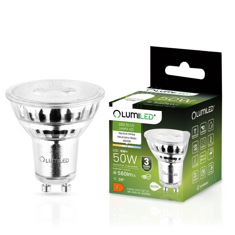 E-shop LED žiarovka GU10 6W = 50W 580lm 4000K Neutrálne 38° sklo LUMILED