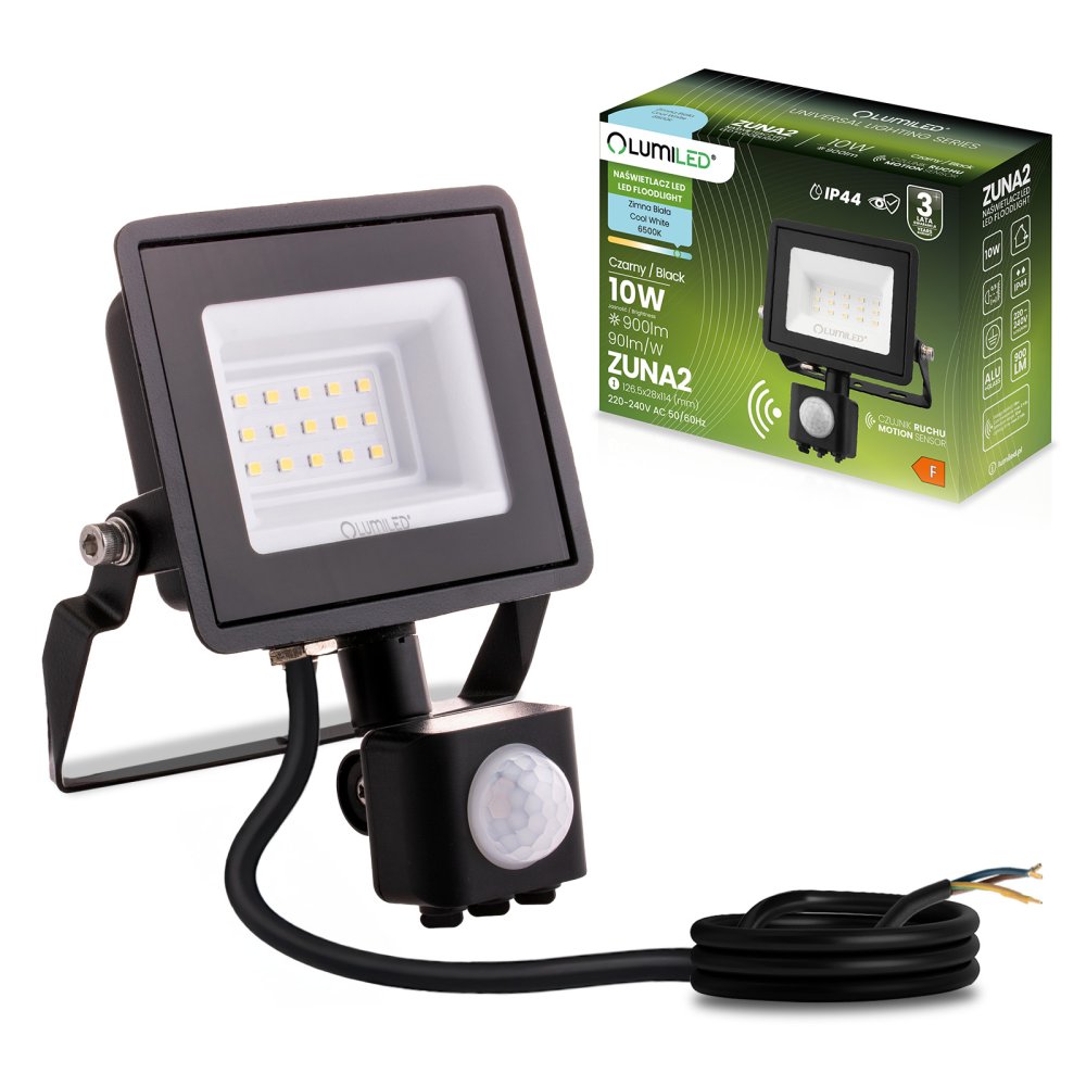 E-shop LED reflektor ZUNA2 10W 900lm 6500K IP44 Black Senzor pohybu LUMILED