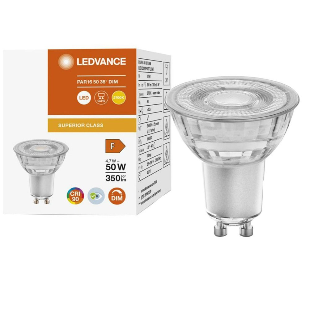 LED žiarovka GU10 4,7W = 50W 350lm 2700K Warm 36° CRI90 Stmievateľné sklo LEDVANCE Superior