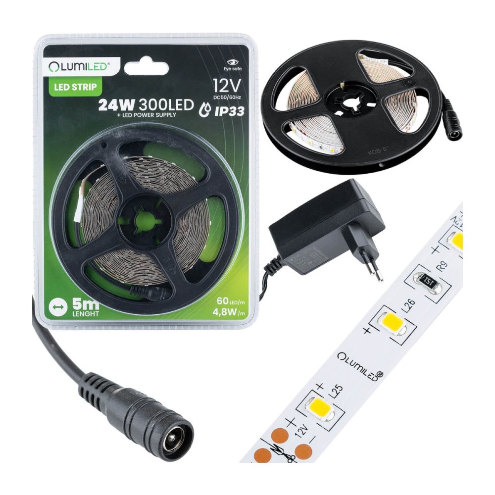 Sada LED pásov 12V 24W 300LED SMD 2835 Cold 8mm 5m + napájací zdroj