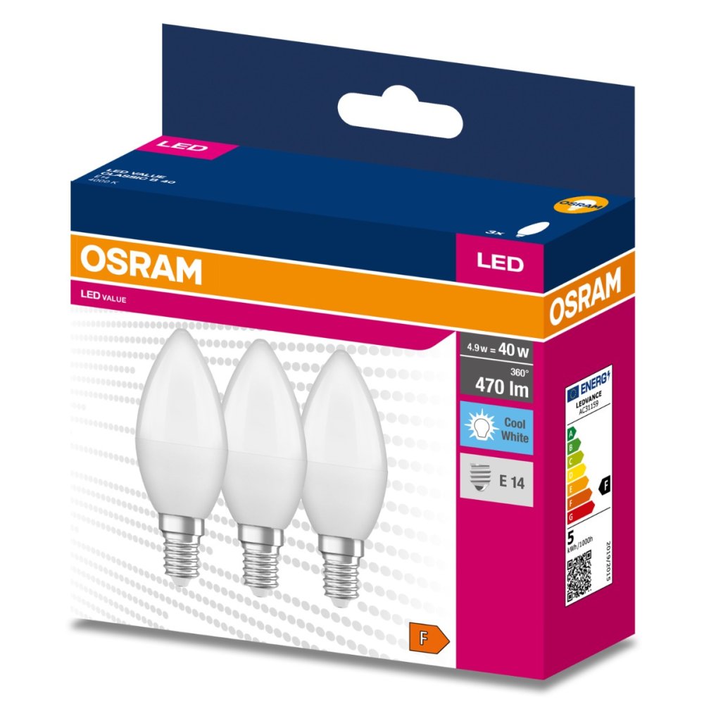 3PAK LED žiarovka E14 B35 4,9W = 40W 470lm 4000K Neutrálna 200° OSRAM VALUE