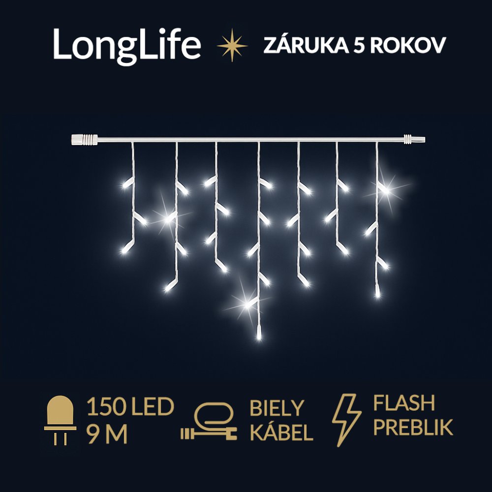 LongLife led svetelná záclona vonkajšia flash - 150led - 9m studená biela / flash prebliknutie studená biela - biely kábel