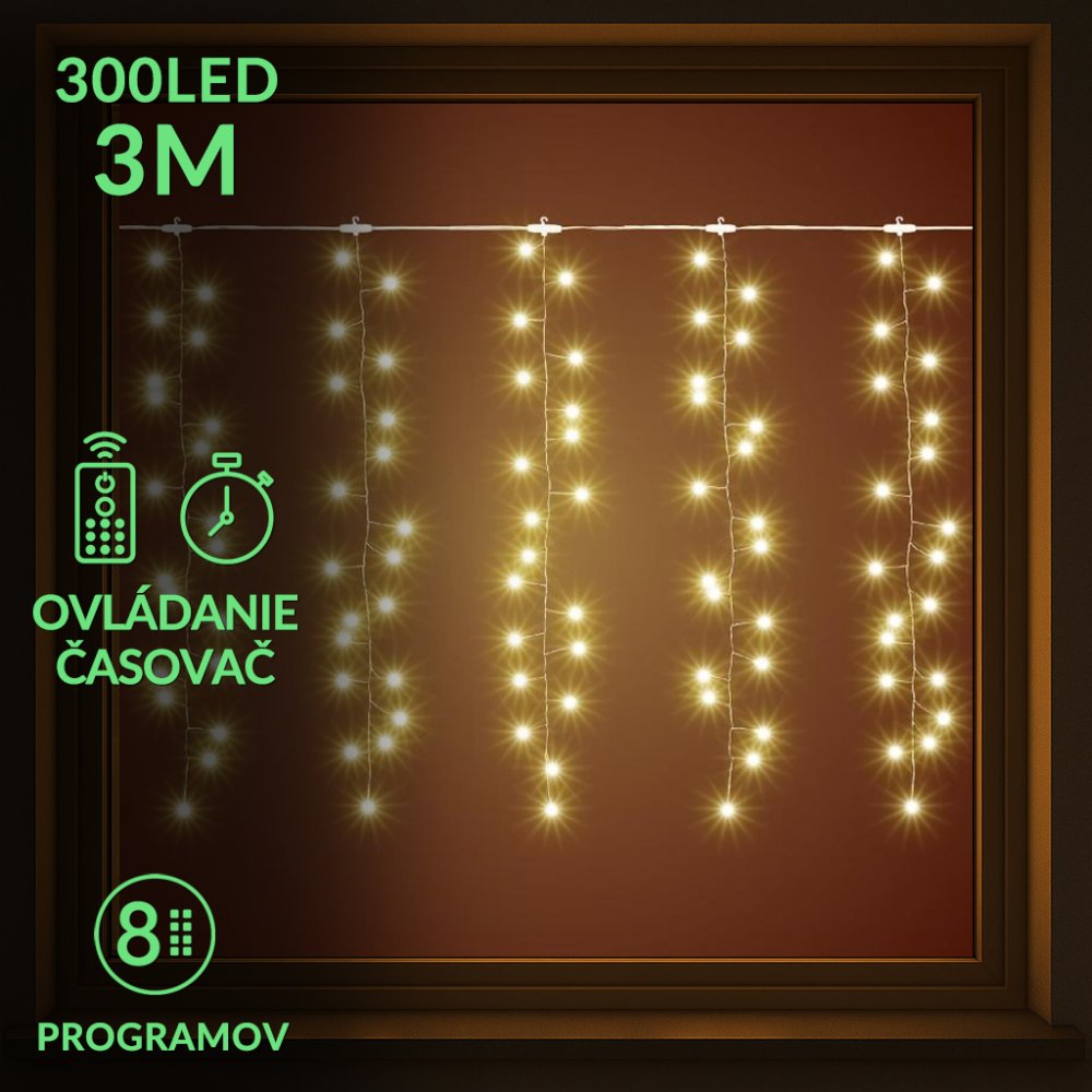 Vianočná led svetelná mikro záclona cluster vonkajšia s časovačom - záves + programy - 300led - 3m teplá biela