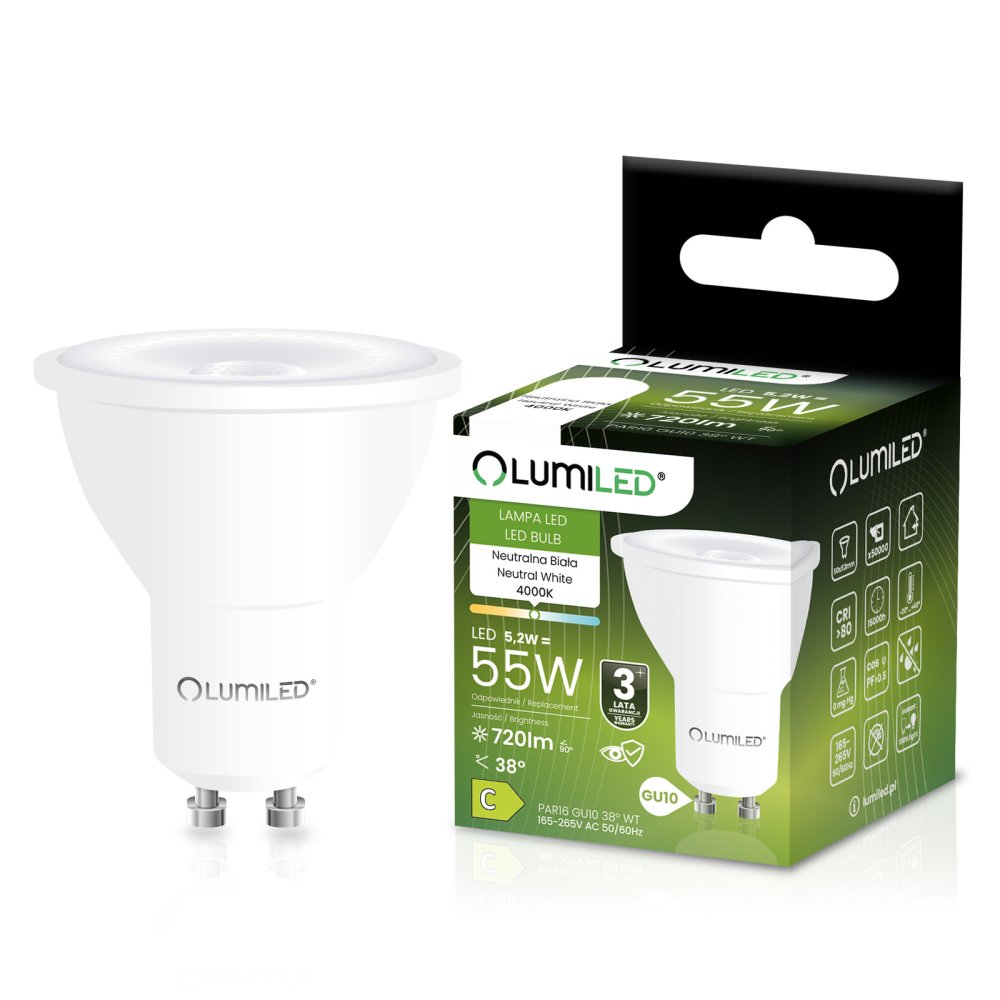 LED žiarovka GU10 reflektor PAR16 5, 2W = 55W 720lm 4000K neutrálna 38° LUMILED