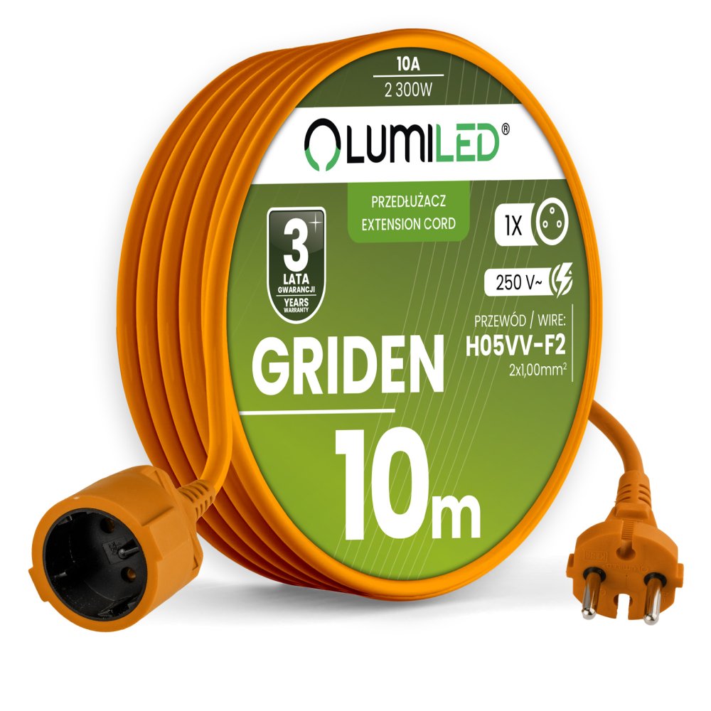 Záhradný predlžovací kábel stavebný jednoduchý 1 zásuvka 10m oranžový šnúra GRIDEN Lumiled