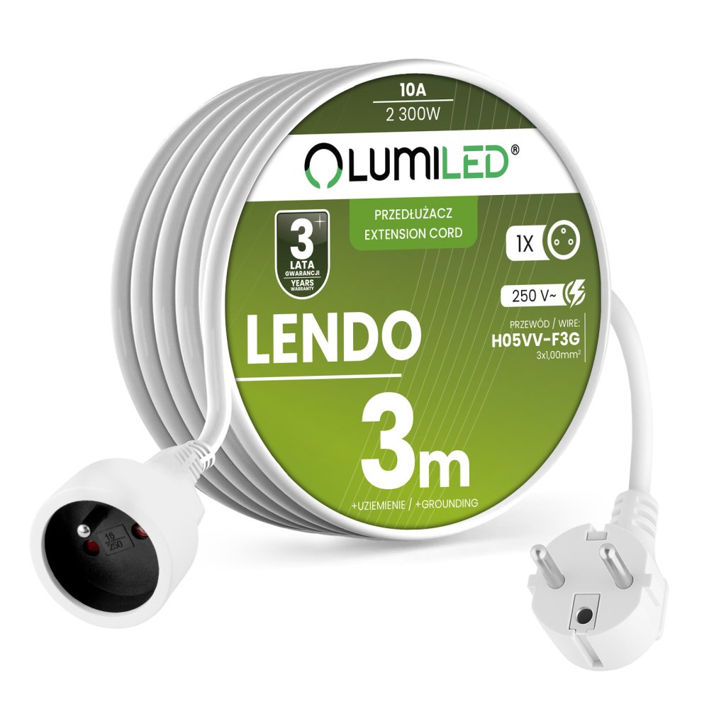 E-shop Sieťový predlžovací kábel s uzemnením napájacia lišta 1 zásuvka 3m biely kábel Lendo Lumiled