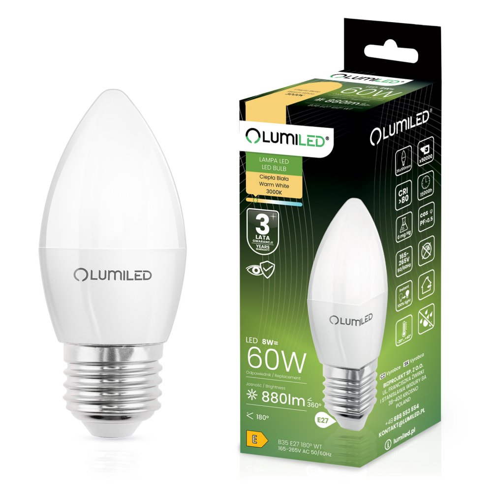 E-shop LED žiarovka E27 sviečka B35 8W = 60W 880lm 3000K teplá 180° LUMILED