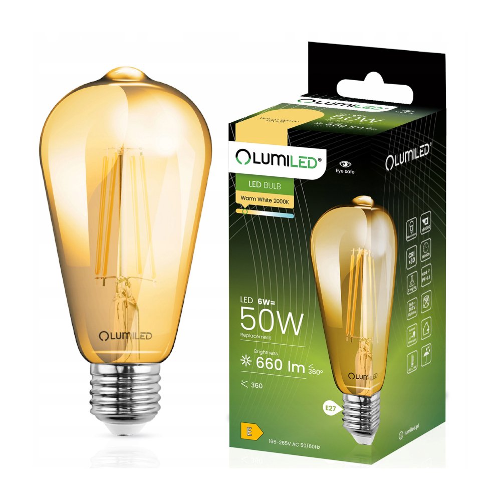 E-shop LED žiarovka E27 ST64 6W = 50W 660lm 2200K Warm 360° Filament LUMILED