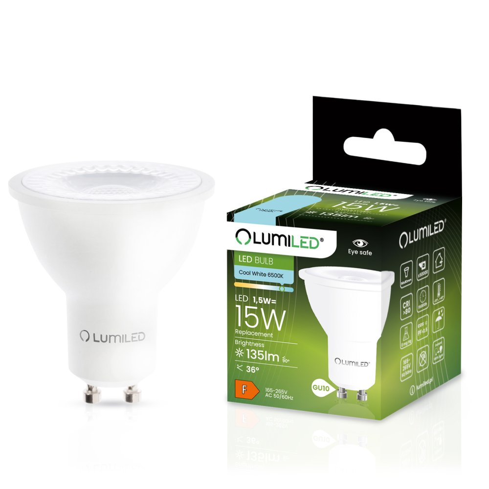 E-shop LED žiarovka GU10 1,5W = 15W 135lm 6500K Cold 36° LUMILED