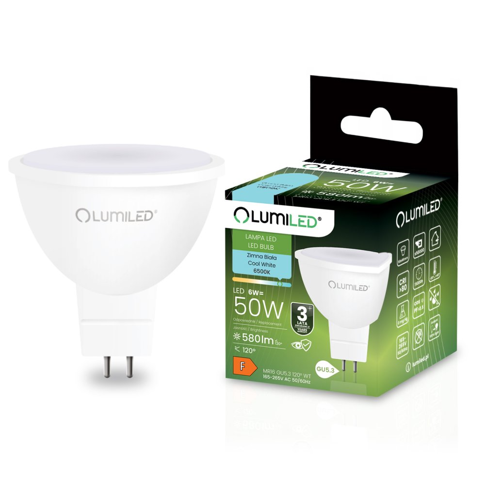 LED žiarovka GU5.3 MR16 6W = 50W 580lm 6500K Cold 120° 230V LUMILED