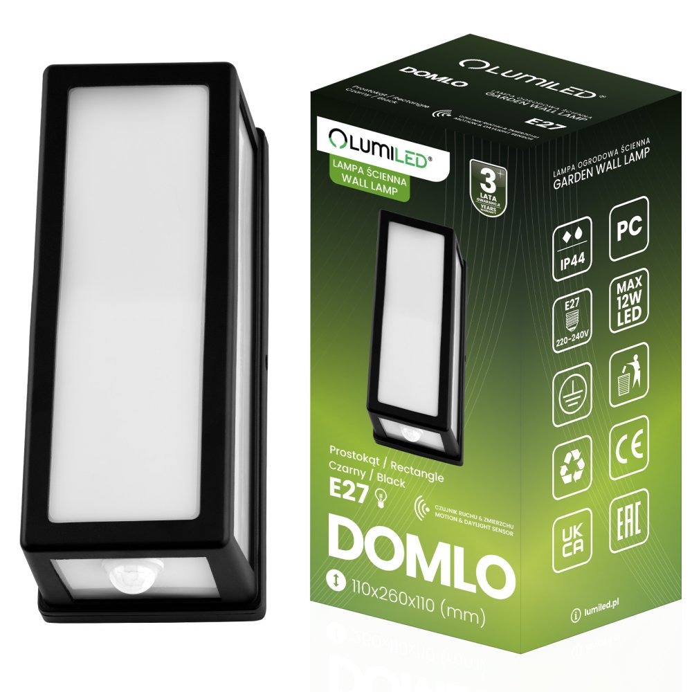 E-shop Záhradná lampa E27 Obdĺžniková nástenná lampa Senzor pohybu DOMLO LUMILED