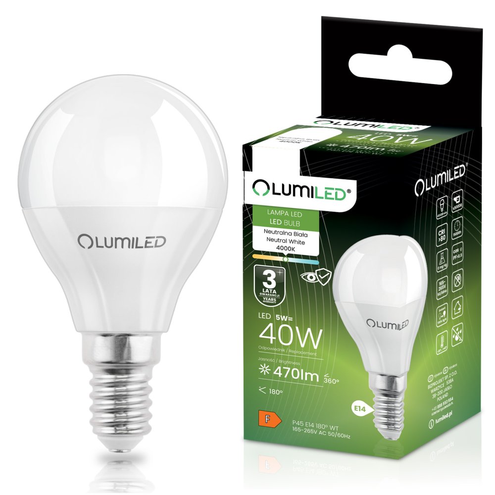 LED žiarovka E14 P40 5W = 40W 470lm 4000K Neutrálna 180° LUMILED