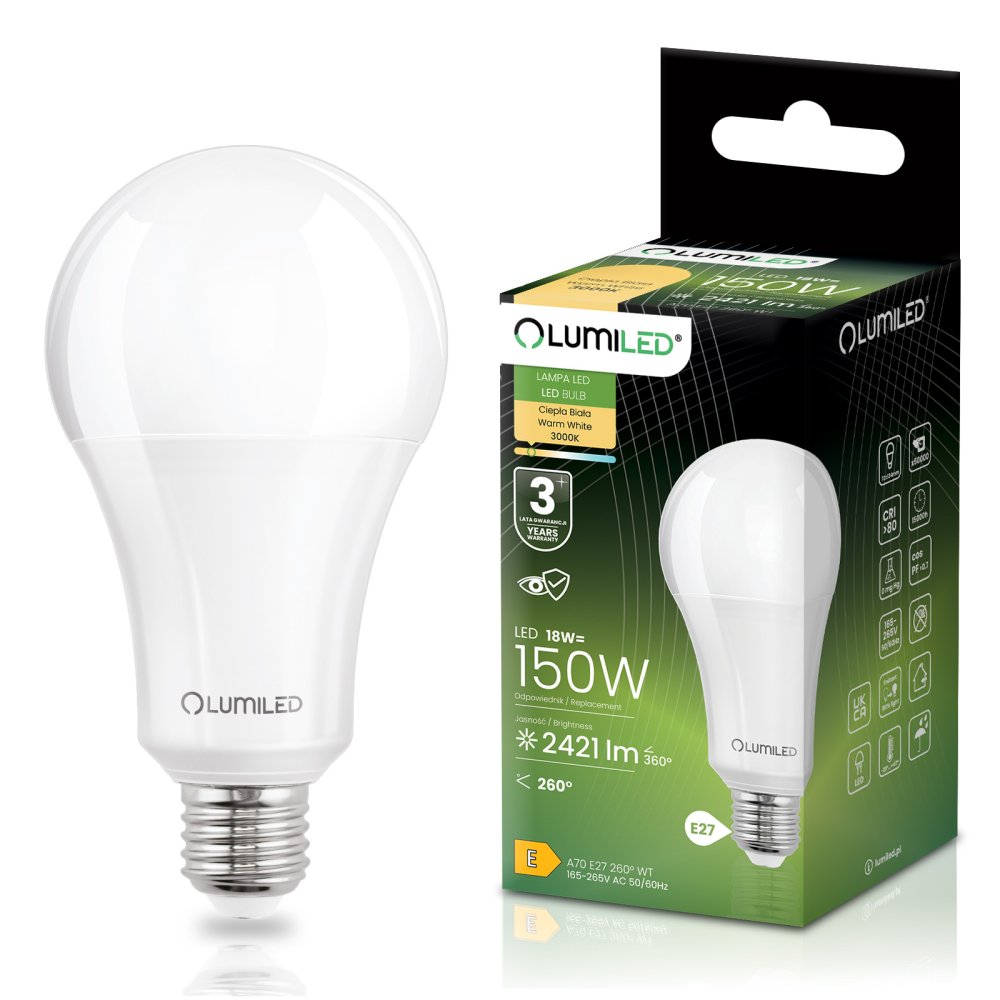 E-shop LED žiarovka E27 A70 18W = 150W 2421lm 3000K Warm 260° LUMILED