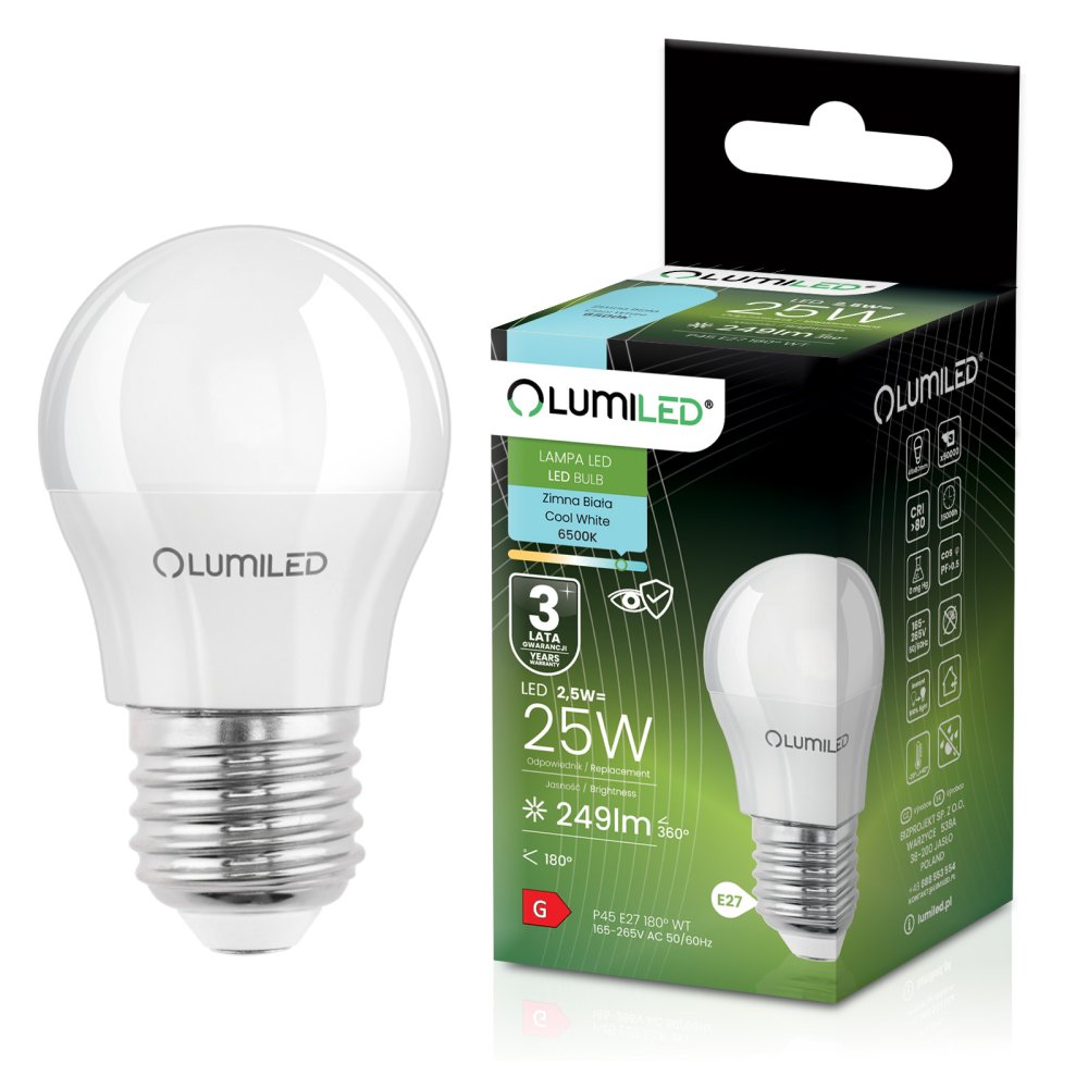 E-shop Žiarovka LED E27 guľa P45 2, 5W = 25W 249lm 6500K studená 180° LUMILED