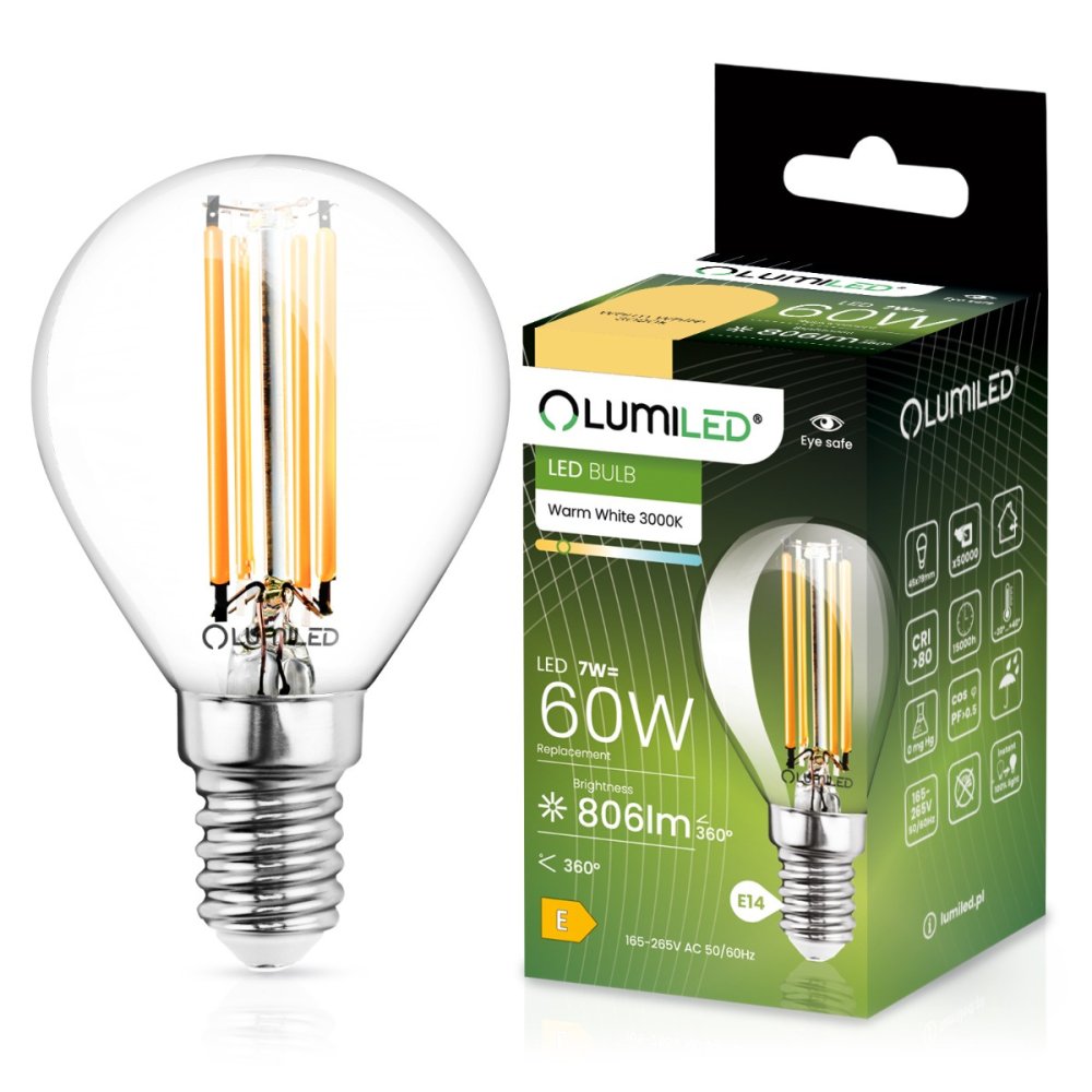 LED žiarovka E14 P45 7W = 60W 806lm 3000K Warm 360° Filament LUMILED