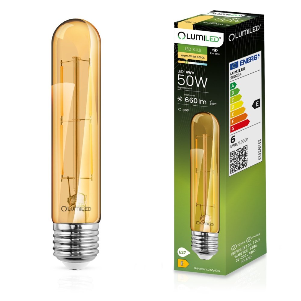 LED žiarovka E27 T30 6W = 50W 660lm 3000K Warm 360° Filament LUMILED