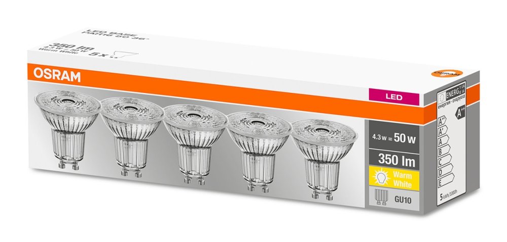 5PAK LED žiarovka GU10 4,3W = 50W 350lm 2700K Warm 36° OSRAM Base