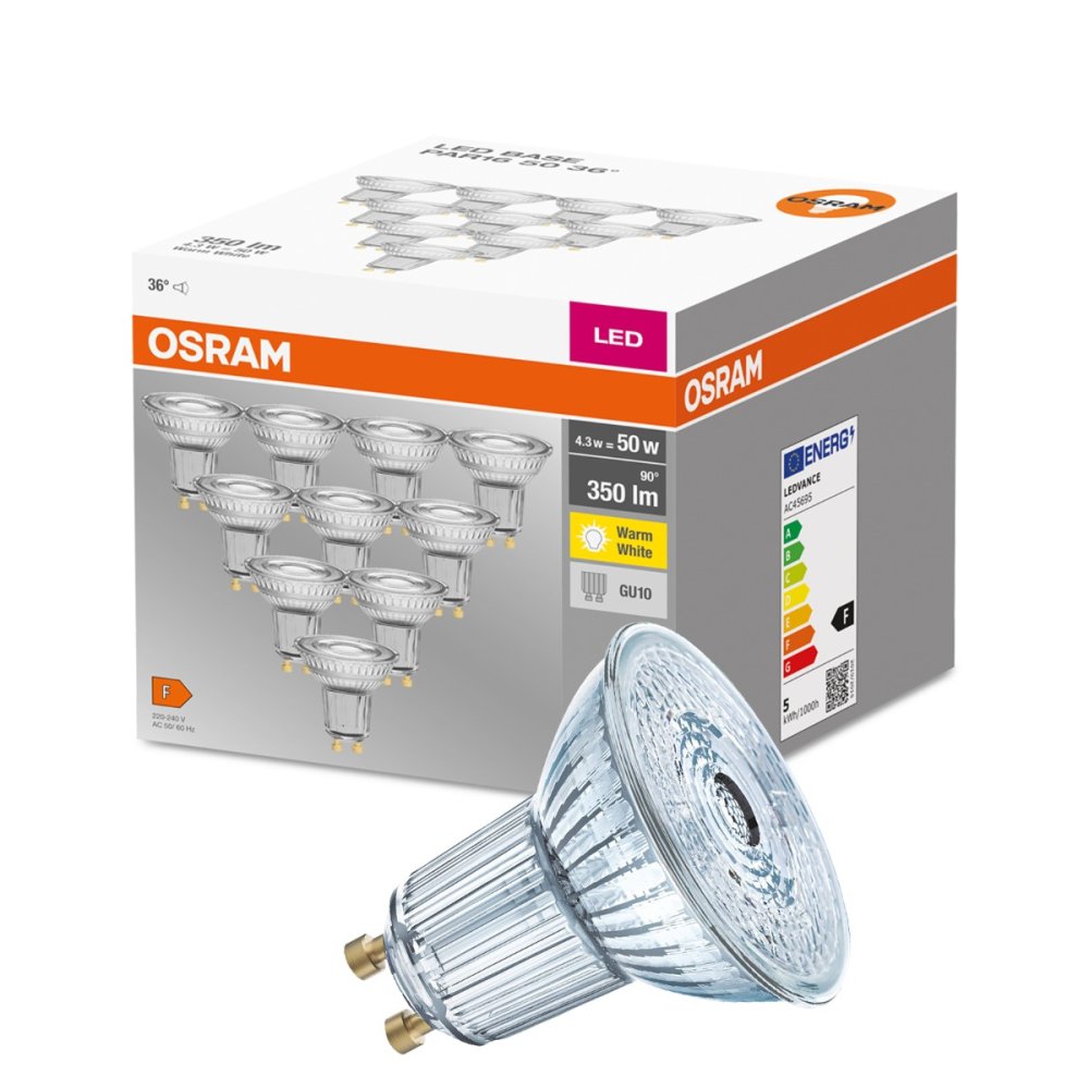 10PAK LED žiarovka GU10 4,3W = 50W 350lm 2700K Warm 36° OSRAM