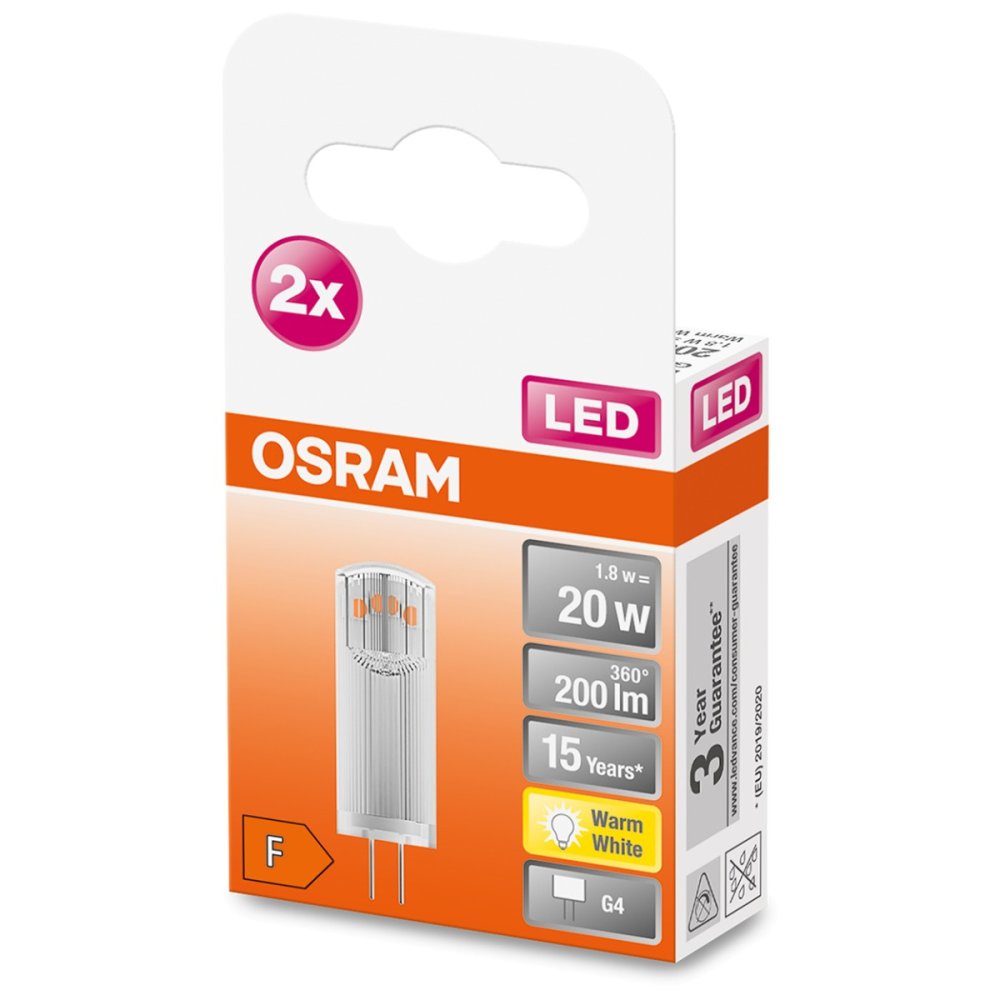 LED žiarovka G4 s päticou 1,8W = 20W 200lm 2700K Warm 300° OSRAM Star 2PAK