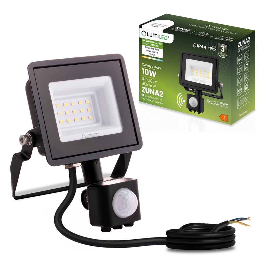 LED reflektor ZUNA2 10W 900lm 4000K IP44 Black Senzor pohybu LUMILED