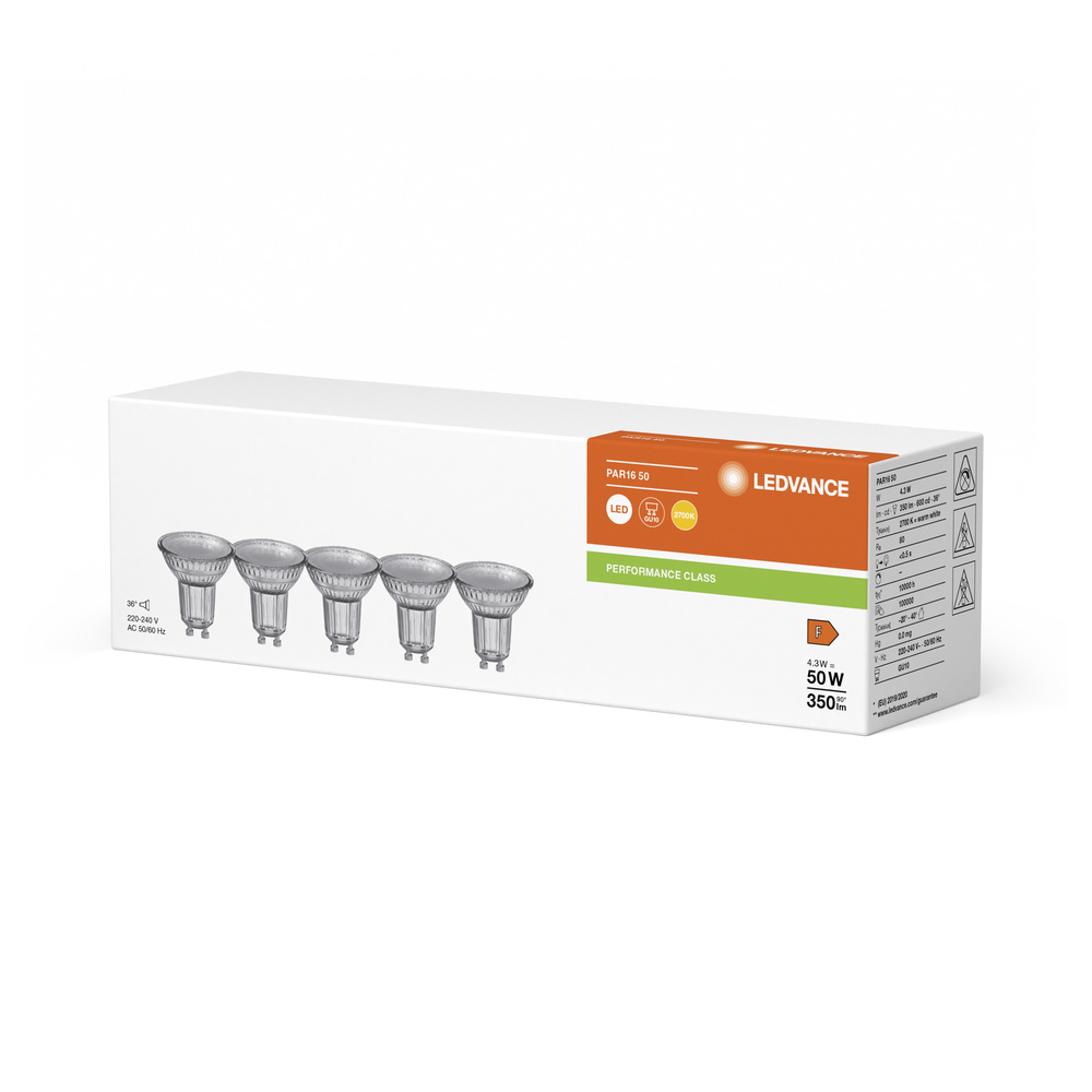 5x LED žiarovka GU10 PAR16 4,3W = 50W 350lm 2700K Warm 36° Ledvance