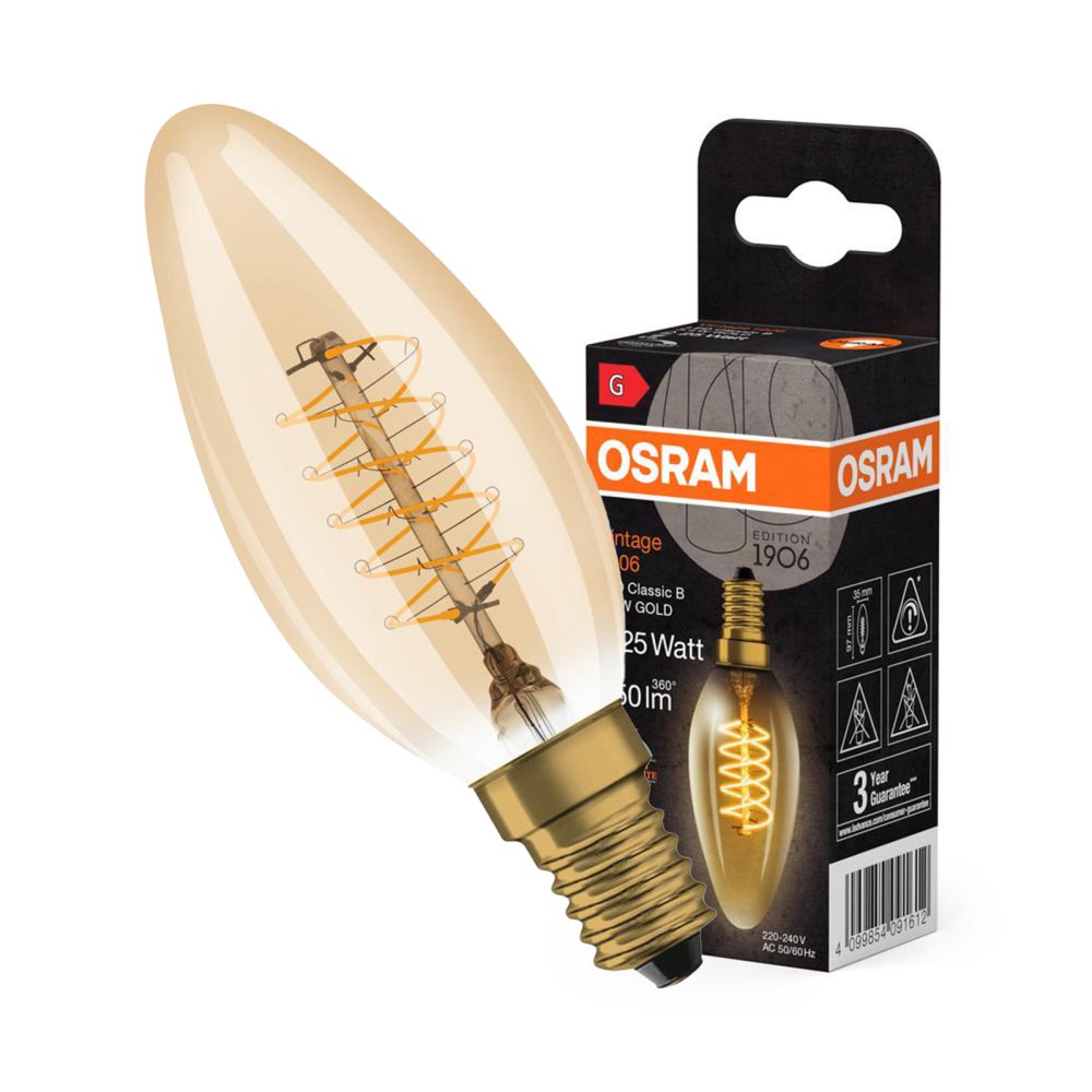 Dekoratívna LED žiarovka B35 Candle E14 3,4W = 25W 250lm 2200K Warm 320° Filament Dimmable Vintage 1906 Osram