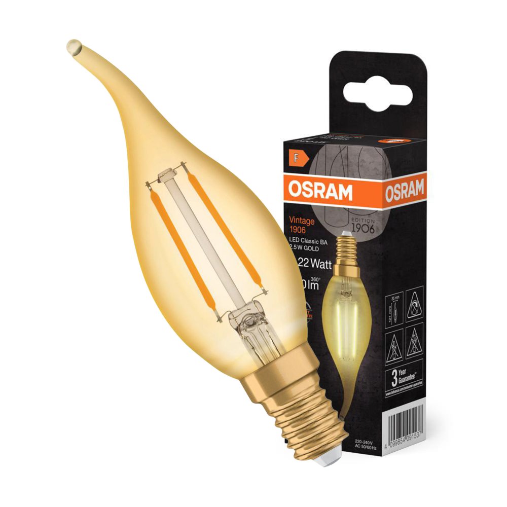Dekoratívna LED žiarovka B40 Candle E14 2,5W = 22W 220lm 2400K Warm 300° Vintage 1906 Osram