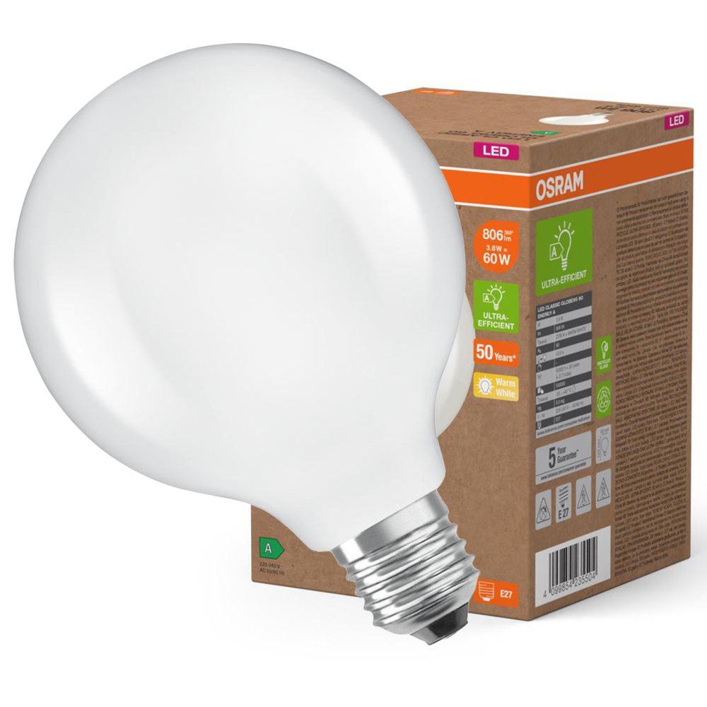 LED žiarovka G95 Sphere E27 3,8W = 60W 806lm 2700K Warm 300° Filament CLASSIC ENERGETICKÁ ÚSPORNOSŤ Osram