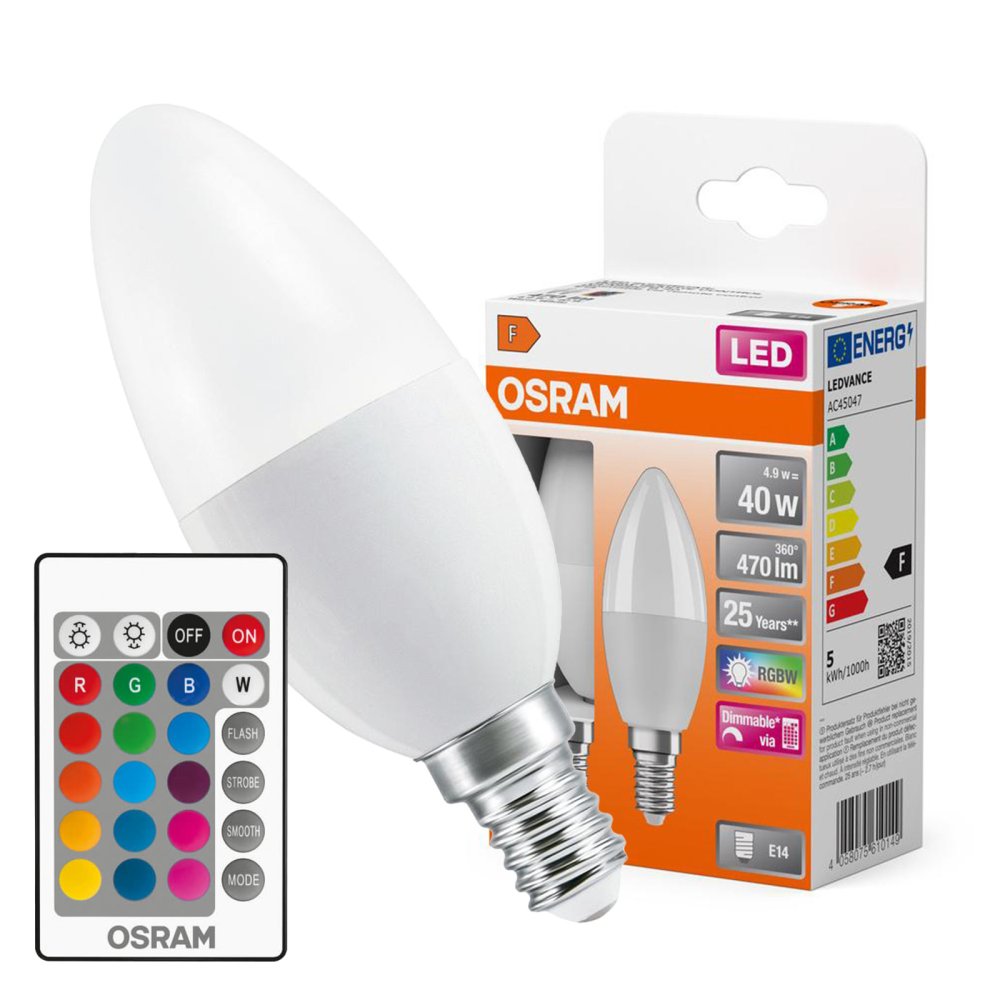 2x LED žiarovka B37 Candle E14 4,9W = 40W 470lm 2700K RGBW 200° stmievateľná pilotná retrofit žiarovka Osram