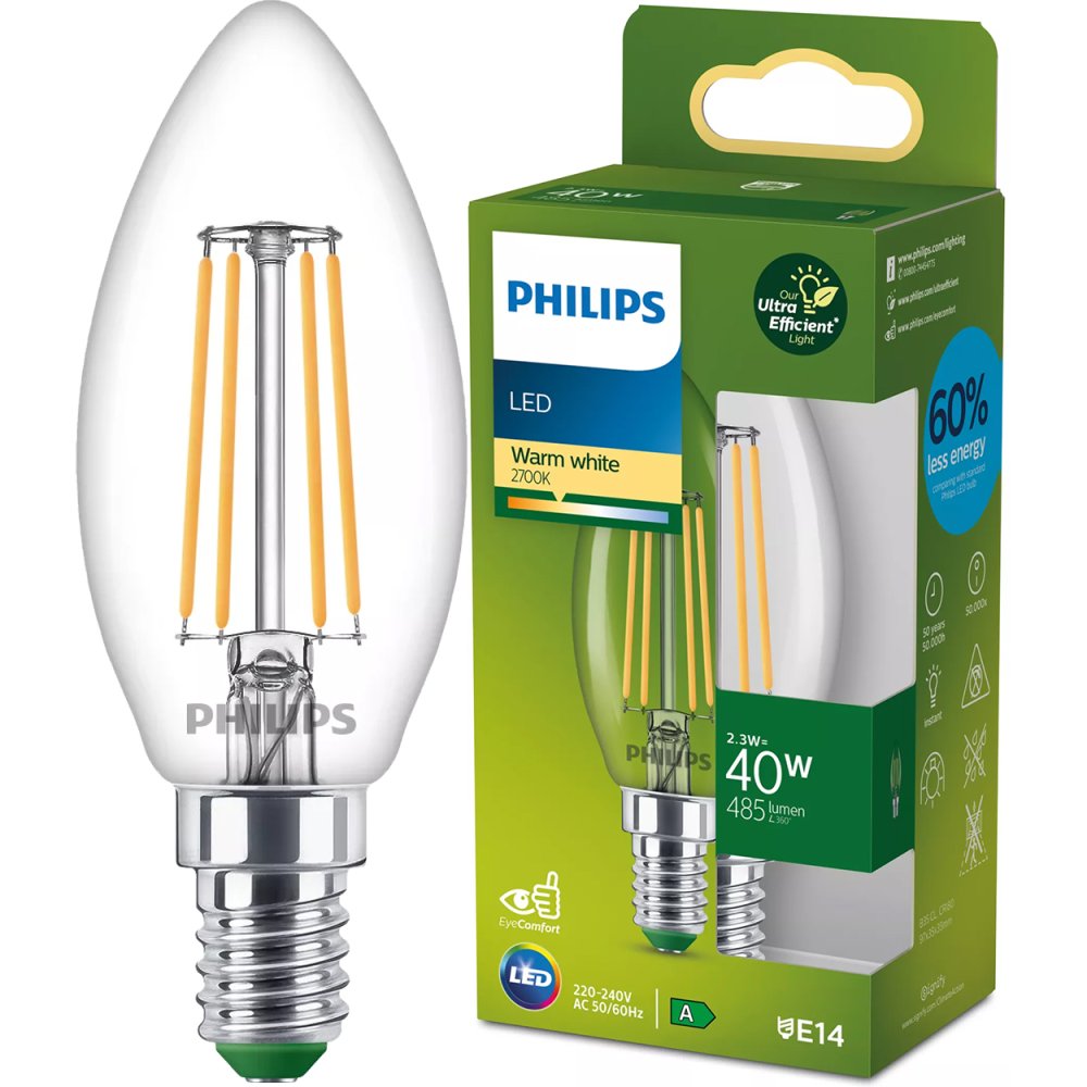 LED žiarovka E14 Candle B35 2,3W = 40W 485lm 210lm/W 2700K Warm 300° CLASS A UltraEfficient Philips