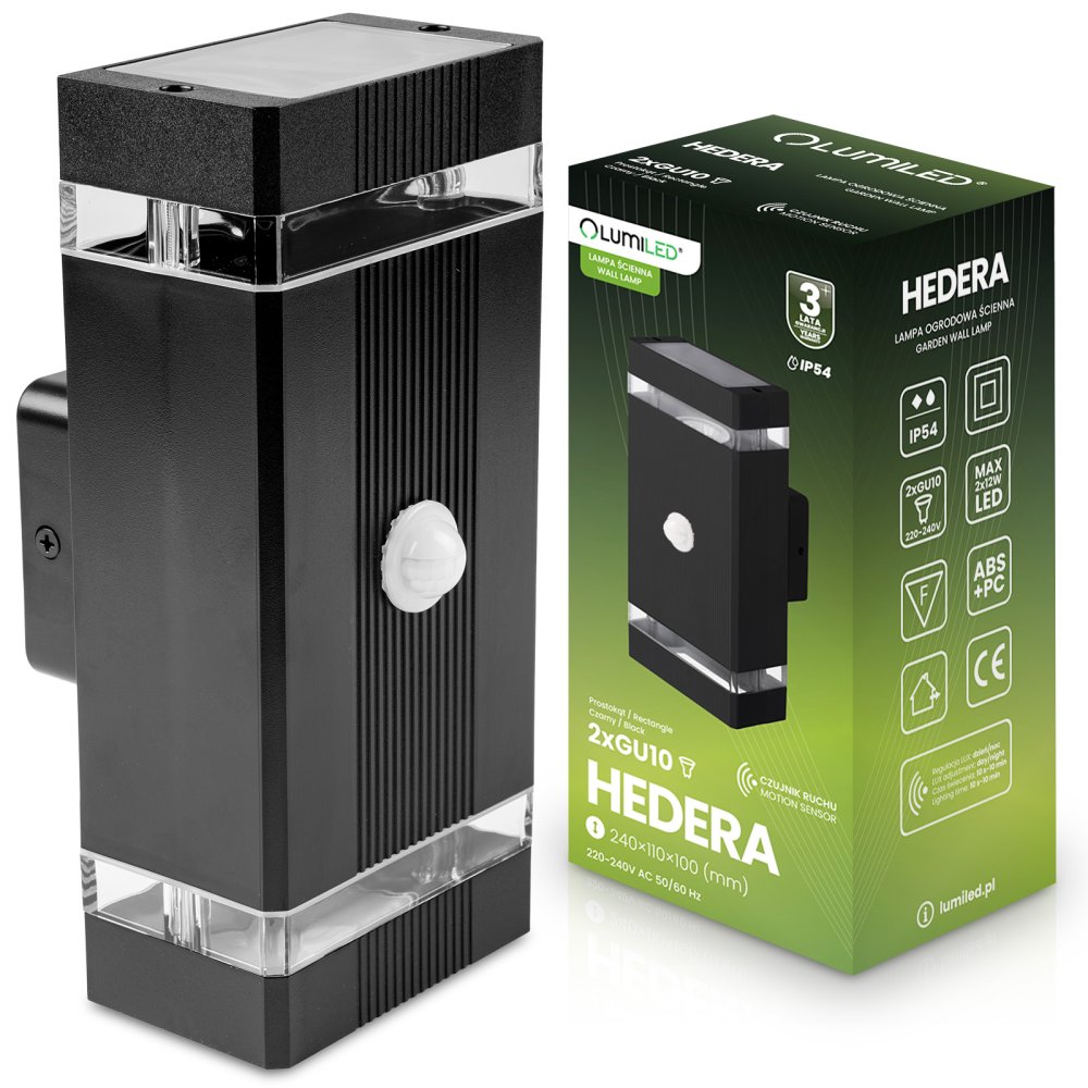 E-shop Vonkajšie nástenné svietidlo fasádne hore-dole 2x GU10 čierna snímač pohybu a súmraku IP54 HEDERA LUMILED